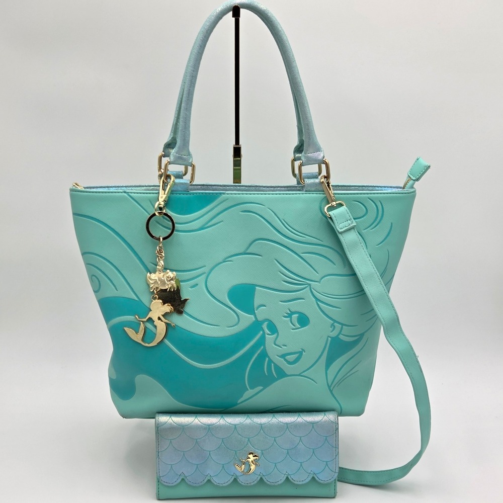 Loungefly Disney The Little Mermaid Rare HTF Tote & Wallet Aqua Bag Charm Ariel